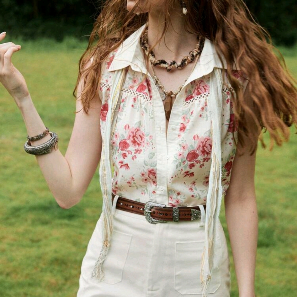 Women's Casual Sleeveless Floral Print Shirt Western Tops Floral Western Blouse - Picture 5 of 6